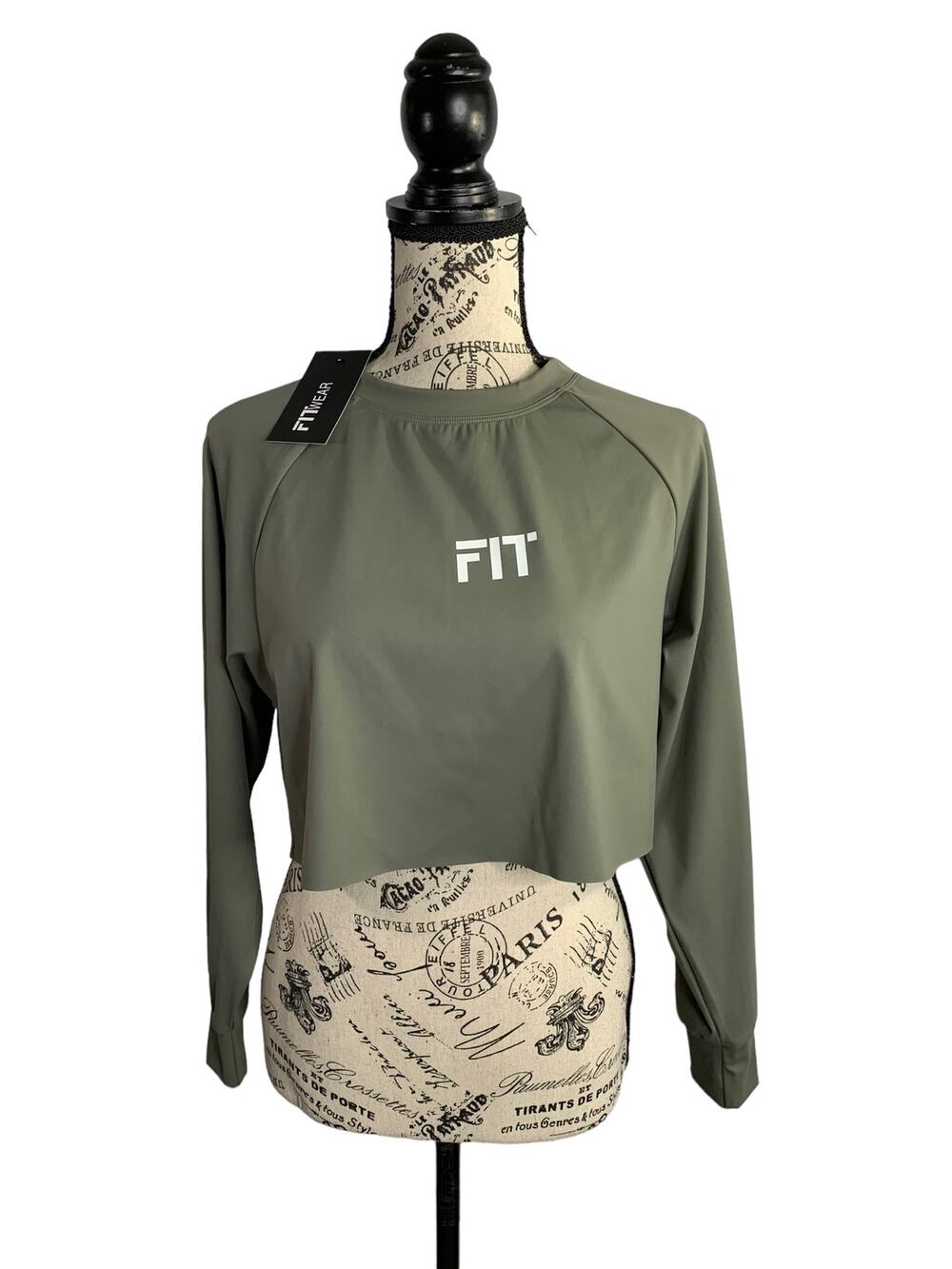 FITWEAR Women's Large Blouse Olive Green Cropped Top Long Sleeves Stretch NEW